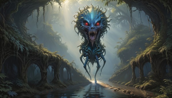 open mouth,red eyes,outdoors,teeth,tongue,water,tree,no humans,glowing,leaf,fangs,sunlight,plant,sharp teeth,nature,scenery,glowing eyes,forest,monster,light rays,fantasy,sunbeam,vines,looking at viewer,tentacles,horror (theme),eldritch abomination