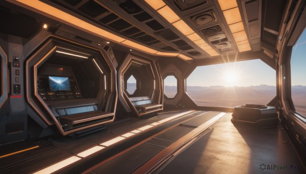 outdoors,sky,day,no humans,window,shadow,sunlight,scenery,lens flare,reflection,science fiction,mountain,sun,seat,cloud,blue sky,light rays,realistic,light,monitor,landscape,spacecraft,sunrise,cockpit,screen