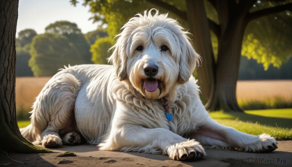 HQ,solo,open mouth,jewelry,outdoors,lying,day,tongue,tongue out,necklace,blurry,black eyes,tree,pokemon (creature),no humans,depth of field,blurry background,animal,fangs,grass,on stomach,nature,pendant,dog,realistic,animal focus,white fur,looking at viewer,full body,sky,signature,saliva,sunlight,gem,claws,puppy