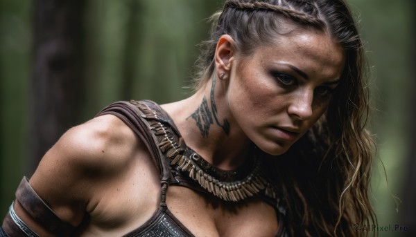 1girl,solo,long hair,breasts,looking at viewer,brown hair,cleavage,jewelry,medium breasts,upper body,grey hair,earrings,necklace,armor,blurry,black eyes,dark-skinned female,lips,tattoo,blurry background,portrait,armlet,freckles,realistic,nose,large breasts,mole,piercing,nature,forest