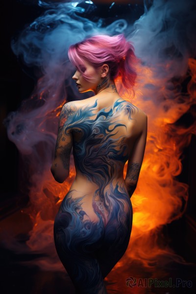 1girl,solo,short hair,jewelry,standing,closed eyes,ponytail,pink hair,ass,nude,earrings,looking back,artist name,signature,from behind,lips,completely nude,tattoo,back,fire,smoke,realistic,nose,stud earrings,back tattoo,burning,full-body tattoo,piercing,ear piercing,dragon,blue fire