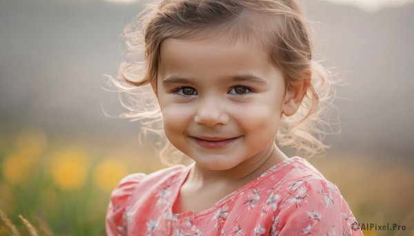 1girl,solo,looking at viewer,smile,short hair,brown hair,shirt,brown eyes,closed mouth,upper body,outdoors,blurry,lips,depth of field,blurry background,child,portrait,pink dress,curly hair,pink shirt,realistic,female child,old woman,blonde hair,dress