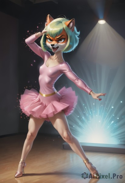 1girl,solo,breasts,smile,short hair,open mouth,bangs,long sleeves,dress,animal ears,brown eyes,standing,collarbone,full body,multicolored hair,small breasts,green hair,teeth,tongue,shiny,artist name,indoors,signature,tongue out,arm up,high heels,shiny hair,two-tone hair,leotard,makeup,fangs,watermark,short dress,pink dress,furry,legs apart,wooden floor,furry female,salute,raccoon ears,dancing,animal nose,pink leotard,spotlight,stage lights,ballet slippers,tutu,looking at viewer,blush,blonde hair,cleavage,green eyes,blue hair,tail,sidelocks,shoes,belt,hand up,covered nipples,fingernails,v-shaped eyebrows,sash,blood,:3,brown footwear,happy,light rays,dog girl,light,body fur,white fur,snout,brown fur,two-tone fur