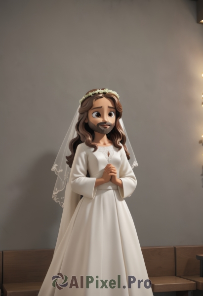 1girl,solo,long hair,looking at viewer,brown hair,long sleeves,dress,brown eyes,standing,collarbone,flower,indoors,dark skin,wide sleeves,white dress,dark-skinned female,facial hair,own hands together,veil,wedding dress,mustache,long dress,bridal veil,own hands clasped,head wreath,bride,jewelry,parody,fine art parody