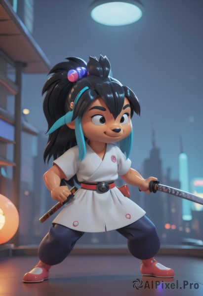 1girl,solo,long hair,smile,black hair,hair ornament,holding,animal ears,closed mouth,blue hair,standing,full body,ponytail,weapon,short sleeves,sidelocks,multicolored hair,outdoors,shoes,pointy ears,shiny,belt,pants,sword,artist name,dark skin,holding weapon,blurry,black eyes,shiny hair,dark-skinned female,night,blurry background,holding sword,black pants,thick eyebrows,katana,hair bobbles,red footwear,sheath,child,furry,sheathed,city,furry female,female child,animal nose,bangs,brown eyes,japanese clothes,dougi