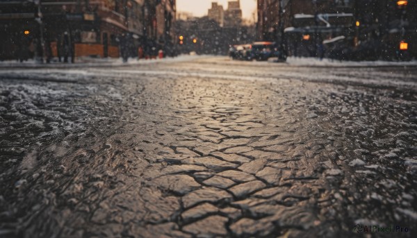 outdoors,blurry,tree,no humans,ground vehicle,building,scenery,motor vehicle,snow,snowing,city,sign,car,road,cityscape,winter,lamppost,street,photo background,real world location,night,depth of field,pavement