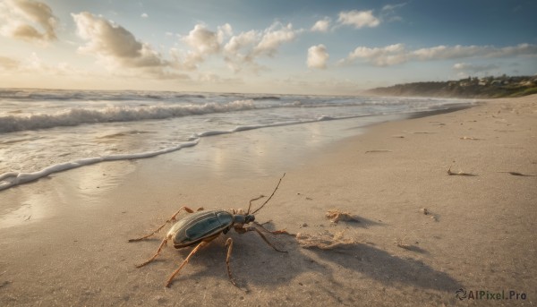 outdoors, sky, day, cloud, no humans, ocean, beach, bug, scenery, sand, desert