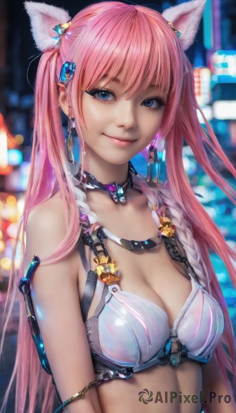 1girl,solo,long hair,breasts,looking at viewer,smile,bangs,blue eyes,hair ornament,animal ears,cleavage,twintails,jewelry,medium breasts,closed mouth,underwear,swimsuit,upper body,pink hair,bikini,multicolored hair,earrings,choker,cat ears,bra,blurry,lips,blurry background,bare shoulders,necklace,collar,eyelashes,depth of field,pink lips,realistic,bokeh