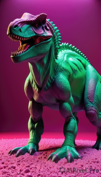 solo,open mouth,red eyes,standing,tail,full body,teeth,tongue,pokemon (creature),no humans,colored skin,fangs,sharp teeth,claws,purple background,monster,realistic,scales,dinosaur,flower