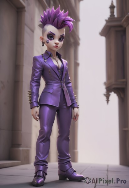 1girl,solo,breasts,looking at viewer,short hair,shirt,long sleeves,jewelry,closed mouth,standing,purple eyes,jacket,full body,white shirt,pink hair,purple hair,multicolored hair,earrings,shoes,alternate costume,collared shirt,pants,artist name,necklace,nail polish,black footwear,blurry,high heels,two-tone hair,lips,fingernails,makeup,piercing,formal,ring,suit,lipstick,spiked hair,ear piercing,eyeshadow,arms at sides,eyeliner,purple jacket,very short hair,undercut,purple footwear,pillar,thumb ring,purple pants,green eyes,tattoo,cross,high heel boots,facial tattoo,mohawk