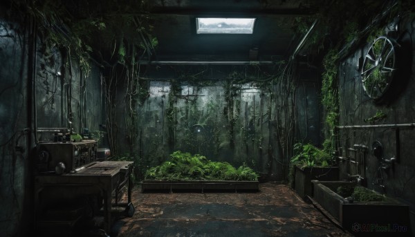 outdoors,day,indoors,tree,no humans,window,chair,sunlight,plant,scenery,ruins,vines,moss,overgrown,post-apocalypse,desk