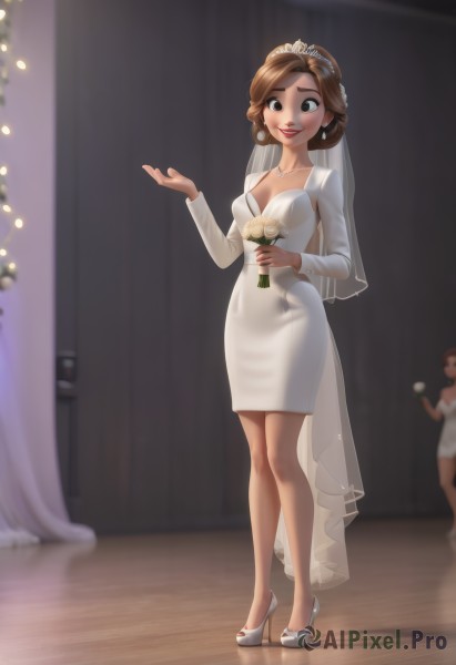 breasts,looking at viewer,blush,smile,short hair,multiple girls,brown hair,long sleeves,dress,holding,2girls,cleavage,brown eyes,jewelry,medium breasts,standing,full body,flower,earrings,parted lips,solo focus,indoors,necklace,white dress,blurry,high heels,see-through,makeup,blurry background,rose,white footwear,tiara,white flower,lipstick,veil,bouquet,wedding dress,holding flower,red lips,bridal veil,white rose,pearl necklace,1girl,solo,black eyes,formal,bride,wedding