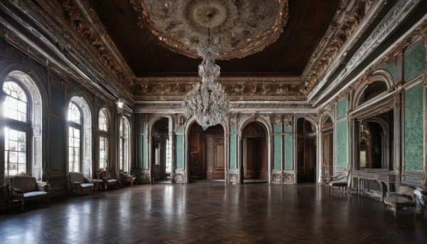 day,indoors,water,no humans,window,chair,table,sunlight,scenery,couch,reflection,light rays,stairs,architecture,sunbeam,pillar,throne,statue,church,arch,reflective floor,chandelier,column,book,plant,desk,wooden floor,door,ceiling