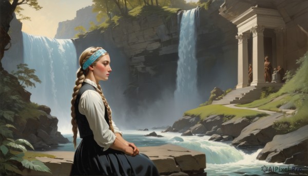 1girl,solo,long hair,blush,blonde hair,brown hair,shirt,long sleeves,dress,brown eyes,sitting,very long hair,white shirt,braid,outdoors,solo focus,day,water,black dress,twin braids,from side,tree,lips,profile,headband,own hands together,plant,nature,scenery,rock,ruins,pillar,waterfall,statue,moss,column,fountain,multiple girls,skirt,2girls,jewelry,multiple boys,vest,makeup,ring,wedding ring,fine art parody