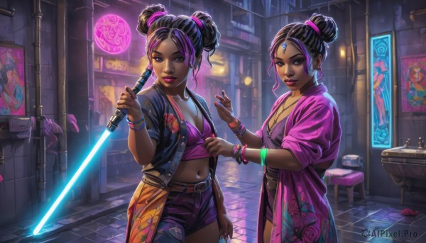 breasts,looking at viewer,smile,short hair,multiple girls,black hair,navel,holding,2girls,cleavage,brown eyes,jewelry,medium breasts,jacket,weapon,purple hair,multicolored hair,earrings,small breasts,open clothes,shorts,midriff,belt,sword,dark skin,necklace,hair bun,nail polish,holding weapon,bracelet,two-tone hair,dark-skinned female,lips,streaked hair,short shorts,double bun,makeup,glowing,holding sword,single hair bun,ring,science fiction,city,nose,bangle,forehead jewel,stool,energy sword,cyberpunk,neon lights,lightsaber,purple eyes,indoors,mole,facial mark,denim,realistic