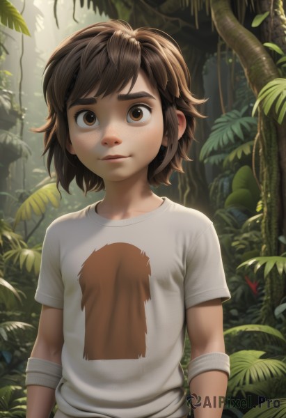 1girl,solo,looking at viewer,smile,short hair,bangs,brown hair,shirt,brown eyes,closed mouth,white shirt,upper body,short sleeves,outdoors,day,tree,lips,leaf,bandages,sunlight,thick eyebrows,plant,t-shirt,child,nature,forest,freckles,bandaged arm,arms at sides,female child,1boy,male focus,torn clothes,realistic