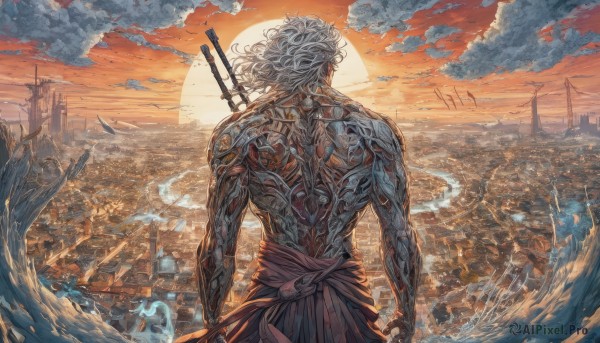 solo,long hair,1boy,standing,weapon,white hair,male focus,outdoors,sky,sword,cloud,water,from behind,tattoo,muscular,ocean,back,cloudy sky,building,sheath,scenery,topless male,sunset,sheathed,city,arms at sides,sun,facing away,cityscape,weapon on back,orange sky,back tattoo,holding,cowboy shot,signature,medium hair,floating hair,bird,moon,muscular male,wind,horizon,watercraft,twilight,ship,waves,gradient sky,red sky