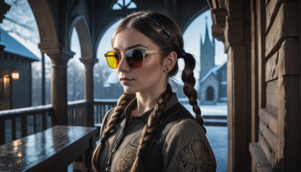 1girl,solo,long hair,brown hair,shirt,black hair,twintails,jewelry,closed mouth,upper body,braid,earrings,outdoors,glasses,collared shirt,water,blurry,vest,twin braids,lips,blurry background,piercing,sunglasses,forehead,reflection,realistic,nose,round eyewear,stud earrings,tinted eyewear,bridge,multiple braids,aviator sunglasses,looking at viewer,bangs,blue eyes,sky,day,signature,tree,window,makeup,depth of field,sunlight,building,hair over shoulder,snow,backlighting,winter,brown vest,yellow-framed eyewear,orange-tinted eyewear,blue-tinted eyewear