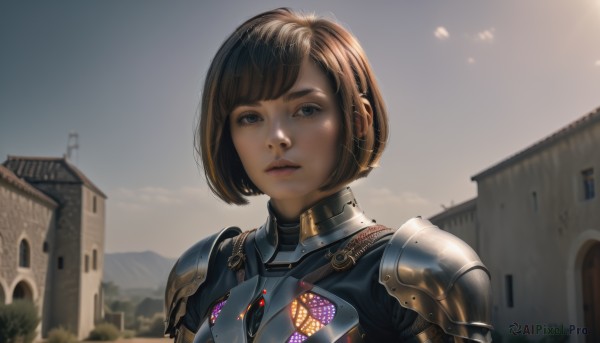 1girl,solo,looking at viewer,short hair,bangs,brown hair,brown eyes,upper body,outdoors,parted lips,sky,day,cloud,armor,blurry,black eyes,tree,lips,blurry background,bob cut,shoulder armor,building,portrait,pauldrons,breastplate,realistic,nose,house,gorget,plate armor,blue eyes,sunlight,thick eyebrows,scenery,shoulder pads