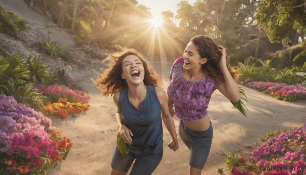 long hair,breasts,smile,open mouth,multiple girls,brown hair,shirt,navel,2girls,cleavage,medium breasts,closed eyes,flower,outdoors,shorts,teeth,sleeveless,day,midriff,pants,dark skin,tree,holding hands,sunlight,plant,denim,nature,curly hair,hand in own hair,running,jeans,realistic,road,laughing,skirt,short sleeves,:d,dutch angle,happy,blue shirt,scenery,forest,sun,purple shirt,path,denim skirt