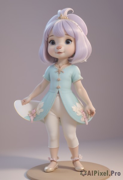 1girl,solo,looking at viewer,smile,short hair,blue eyes,simple background,hat,dress,jewelry,standing,full body,purple hair,flower,short sleeves,shoes,pants,necklace,black eyes,lips,blue dress,child,topknot,capri pants,bangs,hair ornament,white background,navel,artist name,flat chest,no humans,:3,watermark,white footwear,web address,pink flower,realistic,furry female