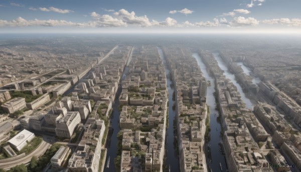 outdoors,sky,day,cloud,water,blue sky,dutch angle,no humans,ocean,from above,building,scenery,city,horizon,cityscape,landscape,cloudy sky,skyscraper,shore,real world location