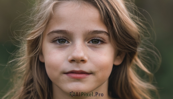 1girl,solo,long hair,looking at viewer,blonde hair,brown hair,brown eyes,closed mouth,blurry,black eyes,lips,grey eyes,eyelashes,messy hair,portrait,close-up,forehead,freckles,realistic,nose,smile,bangs,brown background,straight-on