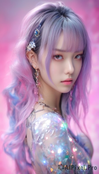 1girl,solo,long hair,breasts,looking at viewer,bangs,hair ornament,dress,brown eyes,jewelry,closed mouth,upper body,pink hair,purple hair,multicolored hair,earrings,artist name,blunt bangs,necklace,blurry,black eyes,from side,lips,grey eyes,eyelashes,gradient hair,makeup,depth of field,blurry background,pink background,gem,pink lips,realistic,nose,wavy hair,piercing,portrait