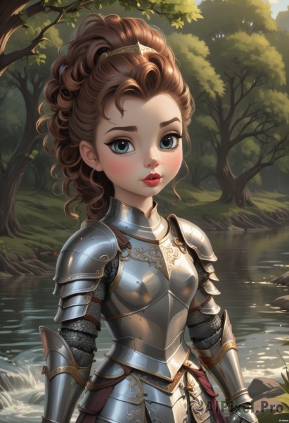 1girl,solo,long hair,breasts,looking at viewer,blush,blue eyes,brown hair,closed mouth,standing,ponytail,outdoors,day,artist name,water,armor,tree,lips,makeup,wavy hair,grass,lipstick,shoulder armor,gauntlets,nature,forehead,forest,freckles,curly hair,pauldrons,breastplate,armored dress,red lips,faulds,hair pulled back,river,lake,pond,chainmail,plate armor,boobplate,upper body,parted lips,knight