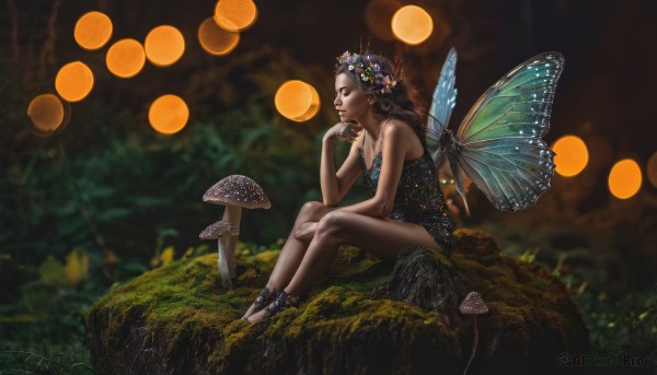 1girl,solo,long hair,breasts,brown hair,hair ornament,dress,bare shoulders,jewelry,sitting,flower,outdoors,wings,barefoot,hair flower,blurry,tree,lips,strapless,depth of field,blurry background,nature,forest,minigirl,realistic,fantasy,anklet,fairy wings,fairy,hand on own chin,head wreath,mushroom,bokeh,butterfly wings,blue wings,tree stump,shoes,profile,grass,head rest,rock