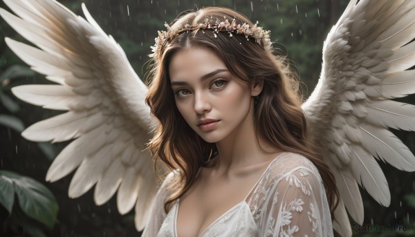 1girl,solo,long hair,breasts,looking at viewer,brown hair,hair ornament,dress,cleavage,brown eyes,medium breasts,collarbone,upper body,flower,parted lips,wings,white dress,blurry,lips,see-through,blurry background,leaf,wavy hair,feathered wings,rain,angel wings,realistic,nose,white wings,angel,head wreath,jewelry,earrings,outdoors