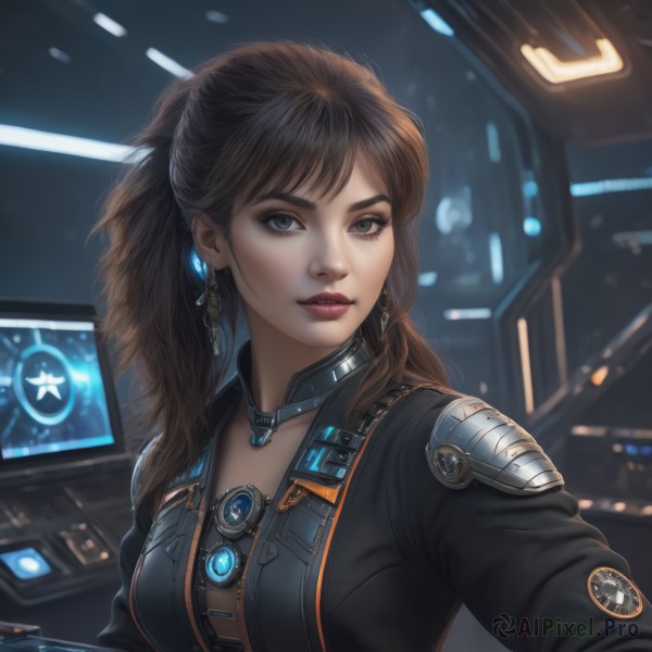 1girl,solo,long hair,breasts,looking at viewer,bangs,blue eyes,brown hair,cleavage,jewelry,medium breasts,jacket,upper body,ponytail,earrings,choker,indoors,blurry,lips,grey eyes,bodysuit,makeup,lipstick,zipper,science fiction,realistic,nose,unzipped,red lips,monitor,cyberpunk,holographic interface,parted lips,black jacket,eyelashes,blurry background,thick eyebrows,selfie