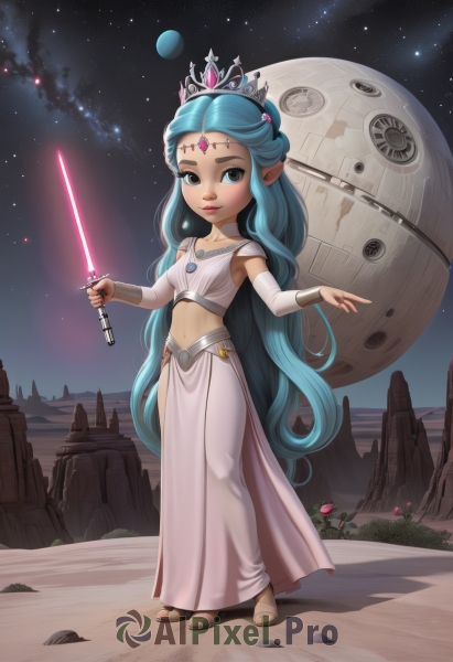 1girl,solo,long hair,breasts,looking at viewer,smile,blue eyes,skirt,navel,jewelry,very long hair,blue hair,standing,weapon,detached sleeves,sky,pointy ears,midriff,sword,necklace,lips,aqua hair,toes,night,sandals,tiara,crown,star (sky),starry sky,long skirt,circlet,toeless legwear,space,planet,energy sword,spacecraft,lightsaber,dress,brown eyes,full body,flower,barefoot,crop top,moon,night sky,science fiction