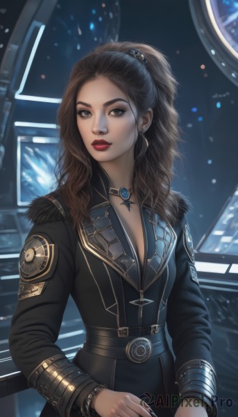 1girl,solo,long hair,breasts,looking at viewer,brown hair,hair ornament,long sleeves,cleavage,brown eyes,jewelry,medium breasts,jacket,ponytail,earrings,choker,belt,necklace,nail polish,bracelet,lips,coat,black jacket,fur trim,makeup,lipstick,eyeshadow,science fiction,realistic,nose,red lips,upper body,parted lips,artist name,window,pendant