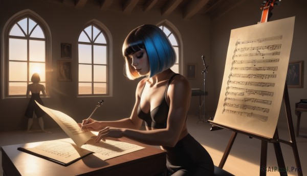 1girl,solo,breasts,short hair,bangs,black hair,1boy,cleavage,medium breasts,sitting,underwear,blue hair,closed eyes,small breasts,solo focus,choker,pants,indoors,blunt bangs,bra,english text,lips,window,makeup,muscular,chair,sunlight,bob cut,black bra,desk,paper,nose,pen,drawing,writing,multiple girls,dress,holding,2girls,weapon,multicolored hair,sword,artist name,black dress,two-tone hair,book,gradient hair,black choker,instrument,web address,eyeshadow,high-waist skirt,borrowed character,pencil