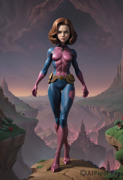 1girl,solo,breasts,looking at viewer,short hair,blue eyes,brown hair,gloves,medium breasts,standing,full body,boots,outdoors,sky,belt,lips,bodysuit,covered navel,makeup,muscular,night,thigh gap,abs,crossed legs,star (sky),night sky,breasts apart,skin tight,starry sky,walking,toned,pouch,serious,mountain,pink footwear,pink gloves,superhero,blue bodysuit,utility belt,closed mouth,cloud,knee boots,sunset,cliff