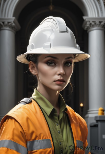 1girl,solo,looking at viewer,short hair,brown hair,shirt,black hair,hat,brown eyes,jacket,upper body,parted lips,collared shirt,indoors,hair bun,blurry,black eyes,lips,blurry background,white headwear,helmet,freckles,realistic,nose,green shirt,pillar,vest,buttons,column