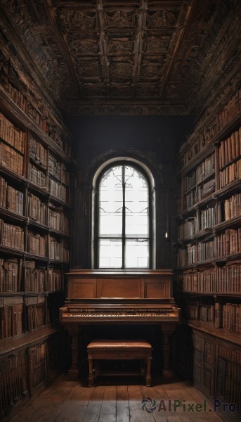 day,indoors,book,no humans,window,chair,sunlight,scenery,wooden floor,bookshelf,book stack,library,ceiling,ladder,instrument,piano,grand piano