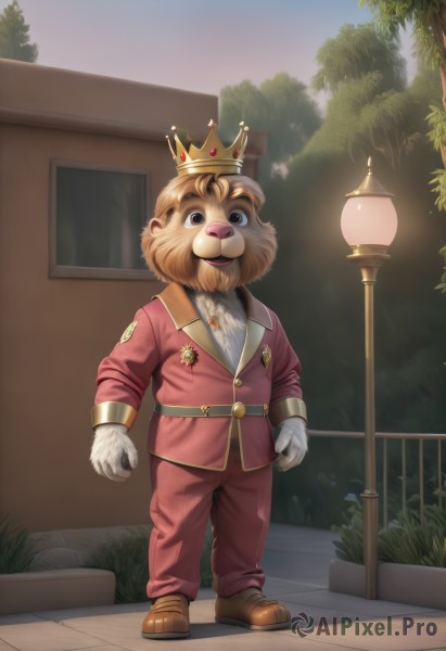 solo,looking at viewer,smile,open mouth,brown hair,gloves,long sleeves,1boy,brown eyes,standing,jacket,full body,male focus,outdoors,sky,shoes,belt,pants,white gloves,uniform,black eyes,tree,window,night,facial hair,brown footwear,formal,grass,crown,red jacket,furry,bush,furry male,red pants,lamppost,shirt,white shirt,teeth,artist name,buttons,watermark,gem,web address,pink jacket,pink pants