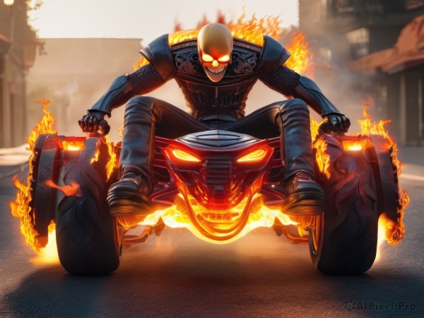 A male amidst a vivid fiery building