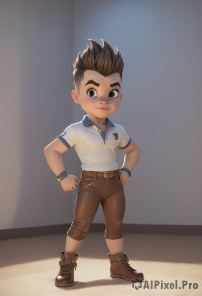 solo,looking at viewer,blush,smile,short hair,brown hair,shirt,1boy,brown eyes,standing,full body,white shirt,short sleeves,male focus,boots,shoes,belt,pants,artist name,brown footwear,spiked hair,wristband,child,hands on hips,male child,brown pants,mohawk,closed mouth,shorts,bandaid,watch,bandaid on face,wristwatch