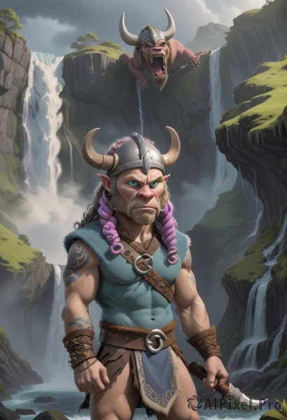 solo,long hair,open mouth,blue eyes,1boy,holding,jewelry,standing,weapon,pink hair,purple hair,male focus,multicolored hair,outdoors,horns,teeth,day,pointy ears,belt,cloud,water,holding weapon,tree,covered navel,tattoo,muscular,facial hair,fangs,abs,helmet,knife,pectorals,muscular male,beard,wading,mustache,holding knife,brown belt,fake horns,dagger,fat,loincloth,waterfall,horned headwear,orc,cliff,tusks,horned helmet,looking at viewer,navel,nipples,thighs,solo focus,armor,two-tone hair,gradient hair,feet out of frame,colored skin,bara,large pectorals,mountain,mature male,bare pectorals,chest hair,animal skull