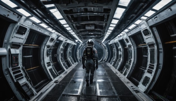 solo,gloves,1boy,standing,indoors,from behind,helmet,1other,floating,reflection,walking,science fiction,realistic,space,wide shot,ambiguous gender,spacecraft,spacesuit,astronaut,english text,window,scenery,arms at sides