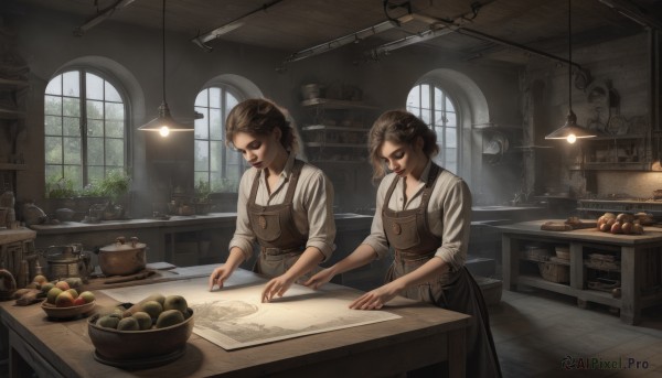 short hair,multiple girls,brown hair,shirt,long sleeves,2girls,white shirt,braid,food,indoors,hair bun,apron,window,fruit,table,knife,plant,plate,sleeves rolled up,basket,lamp,bread,shelf,kitchen,jar,shop,counter,cabinet,cutting board,holding,standing,closed eyes,day,collared shirt,tree,scenery,bowl,realistic,cooking,light bulb,kitchen knife