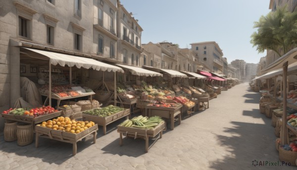 outdoors,food,sky,day,tree,blue sky,no humans,window,fruit,shadow,umbrella,chair,table,building,scenery,city,apple,basket,road,cityscape,shade,carrot,house,street,meat,tomato,vegetable,bottle,bowl,bread,barrel,crate,potato,corn,onion,radish