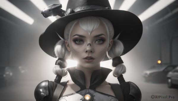 1girl,solo,looking at viewer,hat,twintails,green eyes,upper body,braid,white hair,parted lips,teeth,artist name,indoors,armor,mole,blurry,twin braids,lips,eyelashes,mole under eye,black headwear,makeup,witch hat,depth of field,blurry background,lipstick,ground vehicle,shoulder armor,portrait,motor vehicle,realistic,nose,red lips,car,cowboy hat,mole above mouth,long hair,bangs,backlighting,light