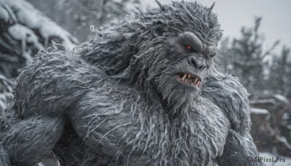 solo,looking at viewer,open mouth,red eyes,1boy,upper body,male focus,outdoors,teeth,blurry,tree,no humans,muscular,blurry background,fangs,sharp teeth,muscular male,nature,glowing eyes,snow,monster,snowing,furry male,monochrome,greyscale,spot color,tusks,grey theme