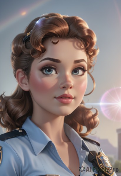 1girl,solo,long hair,looking at viewer,blush,blue eyes,brown hair,shirt,upper body,outdoors,parted lips,teeth,collared shirt,blurry,uniform,lips,eyelashes,blurry background,portrait,lens flare,freckles,curly hair,realistic,badge,police,police uniform,policewoman,smile,white shirt,necktie,sky,day,artist name,makeup,watermark,wavy hair,thick eyebrows,blue shirt,eyeshadow,glint,nose,emblem