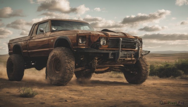 outdoors,sky,day,cloud,blue sky,no humans,cloudy sky,grass,ground vehicle,scenery,motor vehicle,car,road,vehicle focus,driving,wheel,tire,smoke,dust