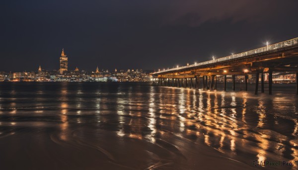 outdoors,sky,cloud,water,dutch angle,no humans,night,building,star (sky),night sky,scenery,reflection,city,cityscape,bridge,river,skyscraper,tower,boat,city lights,reflective water,ocean,dark,lamppost,lake,real world location,pier